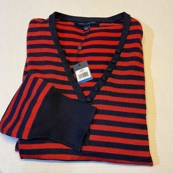 Tommy Hilfiger Women's V-Neck Striped LS Sweater XL Red/Blue Shine Sparkle Party - Picture 1 of 6